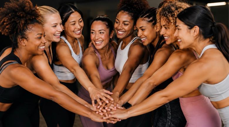 Nine women in workout clothes standing in a huddle with their hands together in the middle, all laughing